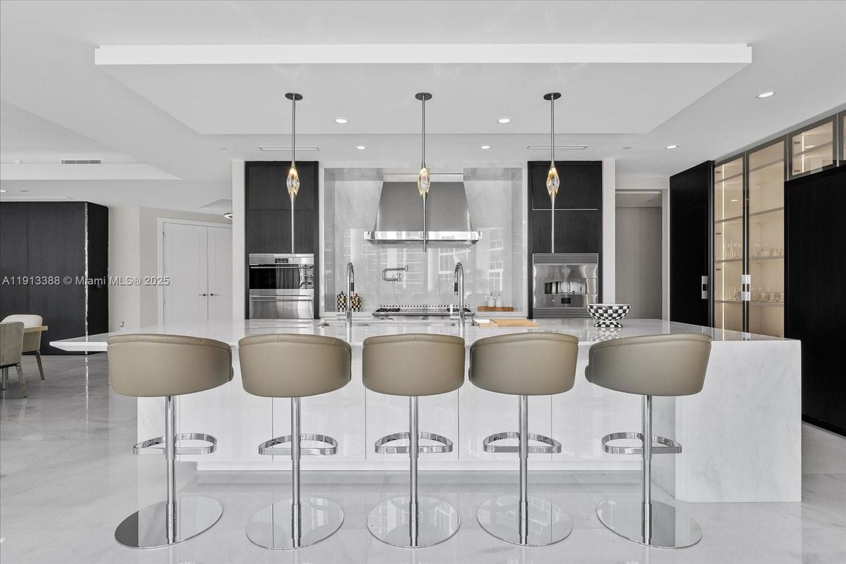 Interior, Kitchen, Marble, Pendant Lights, Recessed Lighting, Stainless Steel Appliances