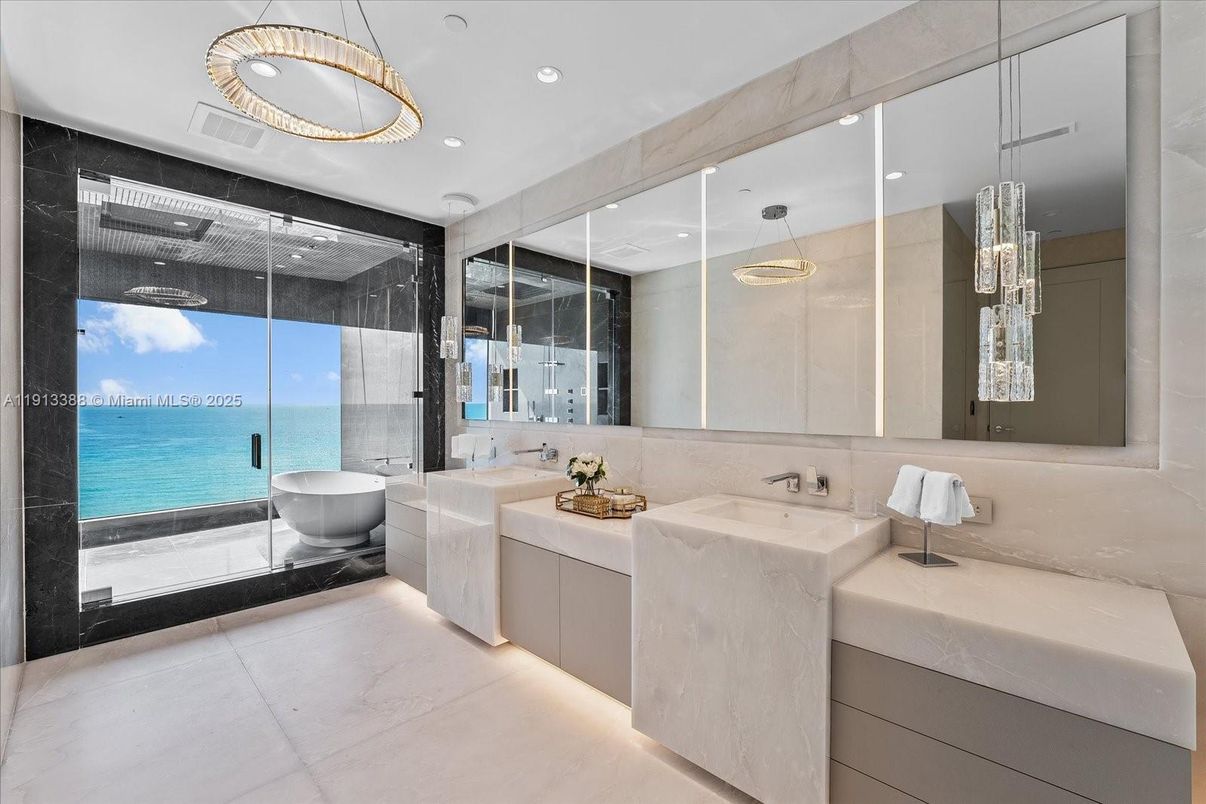 Bathroom, Dual Sink Vanities, Glass Shower, Interior, Pendant Lights, Recessed Lighting, Water