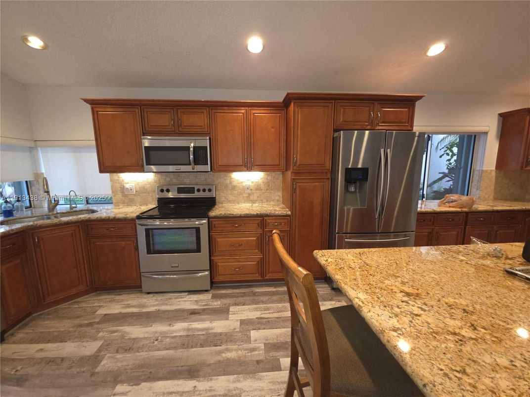 Interior, Kitchen, Recessed Lighting, Stainless Steel Appliances, Wood Texture Flooring