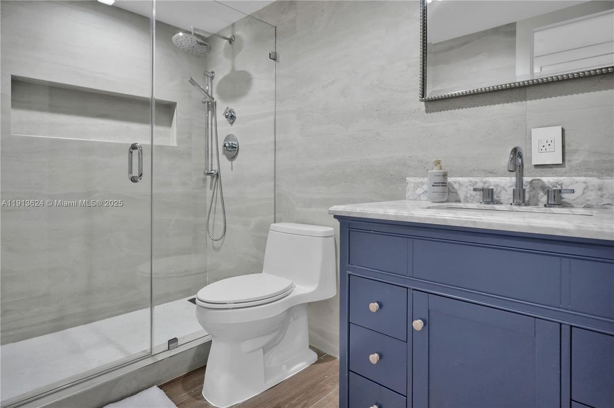 Bathroom, Glass Shower, Interior, Wood Texture Flooring