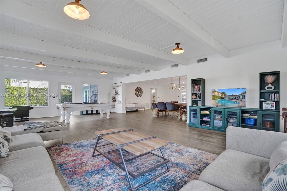 Billiard Table, Dining room, Game Room, Interior, Living room, Pendant Lights, Wood Texture Flooring