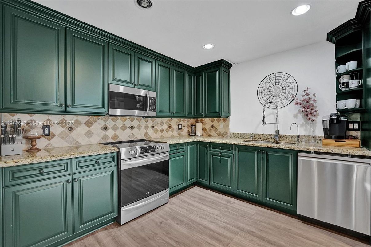 Interior, Kitchen, Recessed Lighting, Stainless Steel Appliances, Wood Texture Flooring