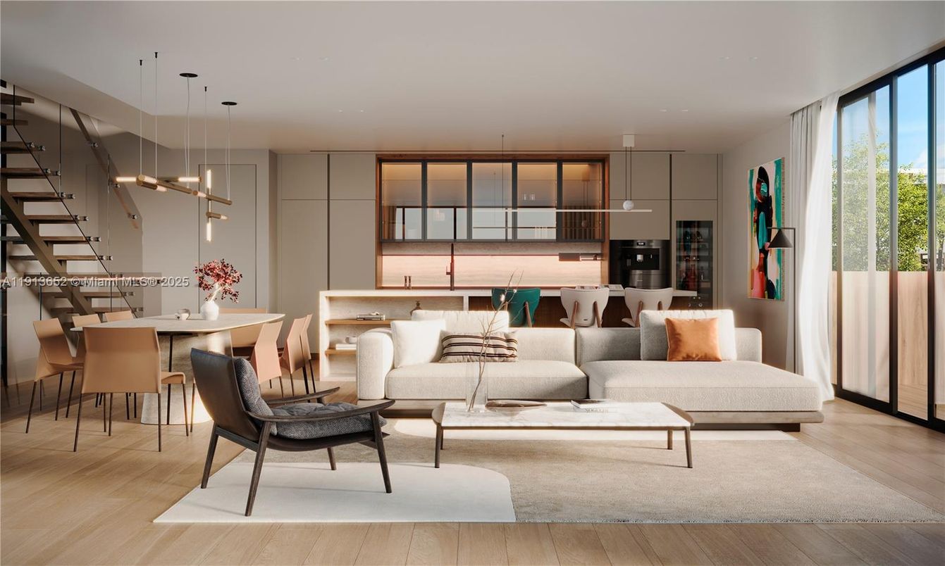 Dining room, Interior, Kitchen, Living room, Pendant Lights, Stainless Steel Appliances, Wood Texture Flooring