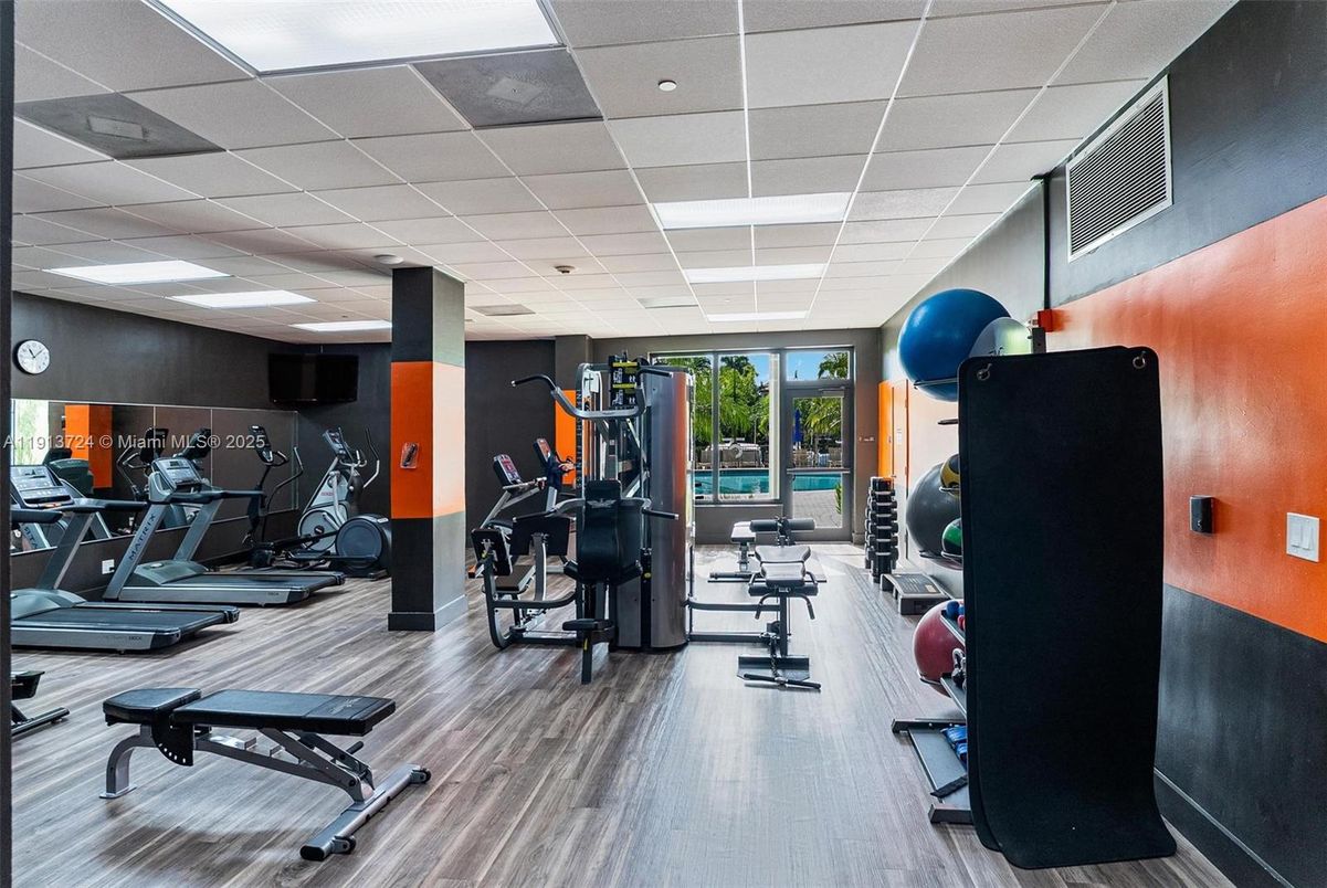 Fitness Equipment, Gym, Interior, Recessed Lighting, Wood Texture Flooring