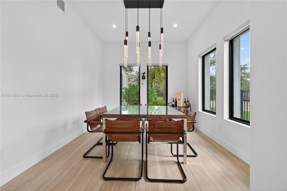 Dining room, Interior, Pendant Lights, Recessed Lighting, Wood Texture Flooring