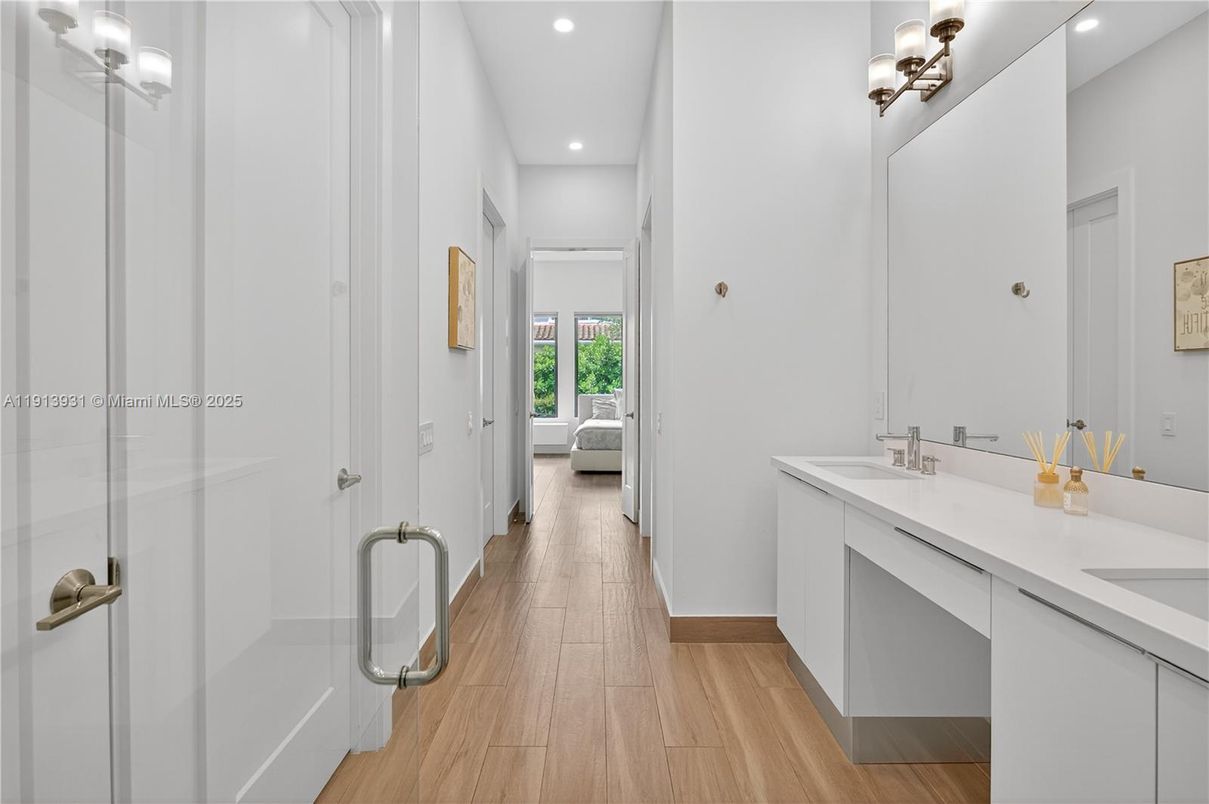 Bathroom, Dual Sink Vanities, Interior, Recessed Lighting, Wood Texture Flooring