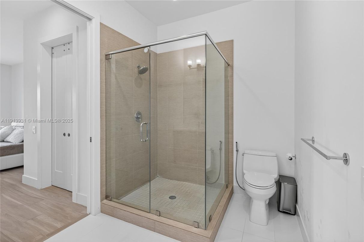 Bathroom, Glass Shower, Interior, Wood Texture Flooring