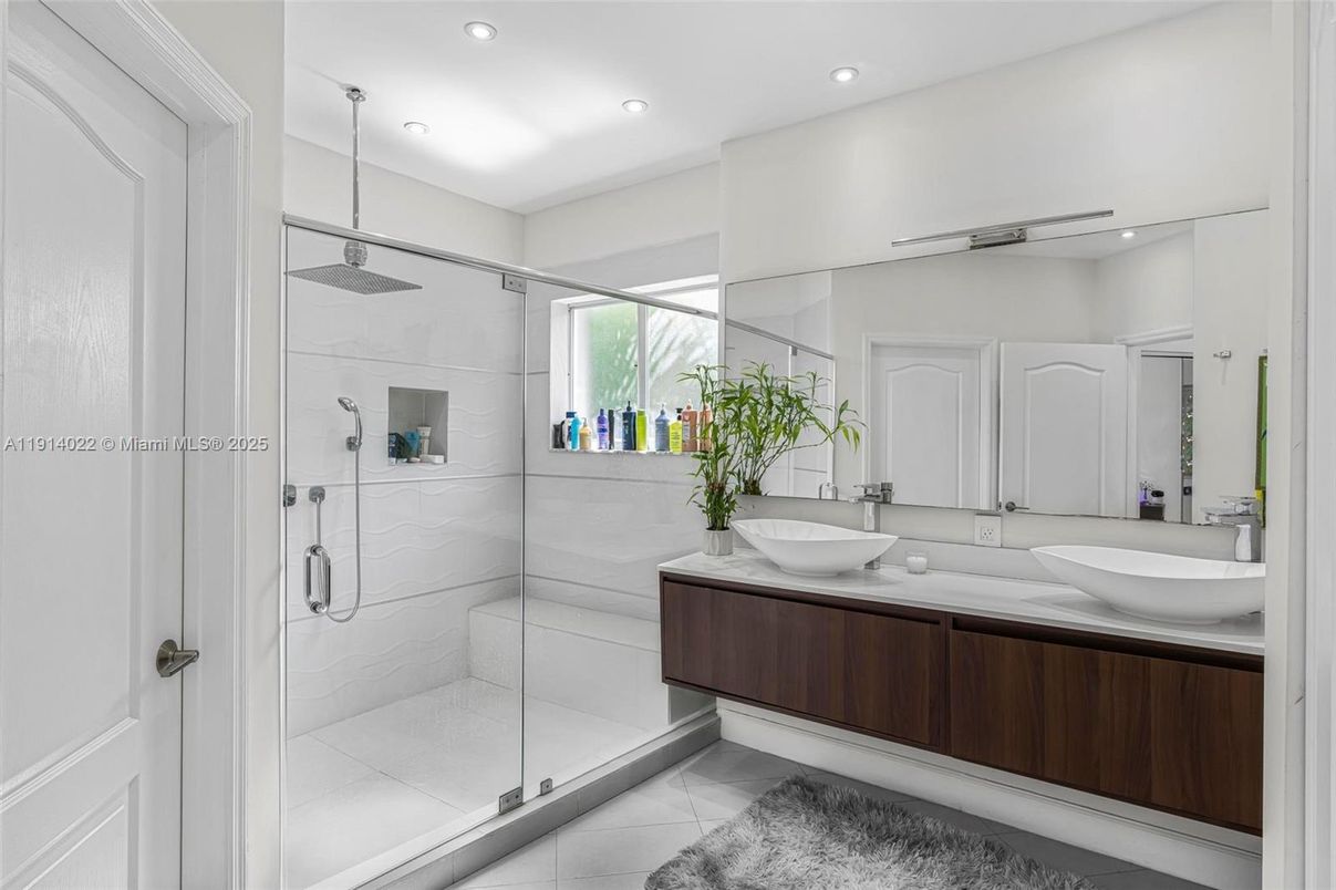 Bathroom, Dual Sink Vanities, Glass Shower, Interior, Marble, Recessed Lighting