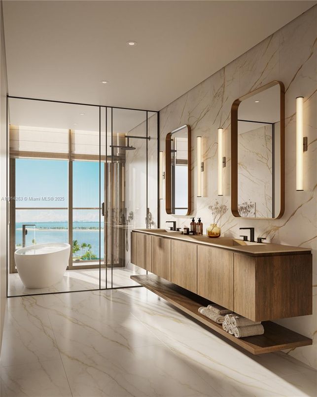 Bathroom, Dual Sink Vanities, Free Standing Baths, Glass Shower, Interior, Marble, Marble Walls, Recessed Lighting, Water