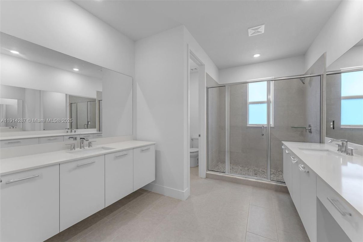 Bathroom, Dual Sink Vanities, Glass Shower, Interior, Recessed Lighting