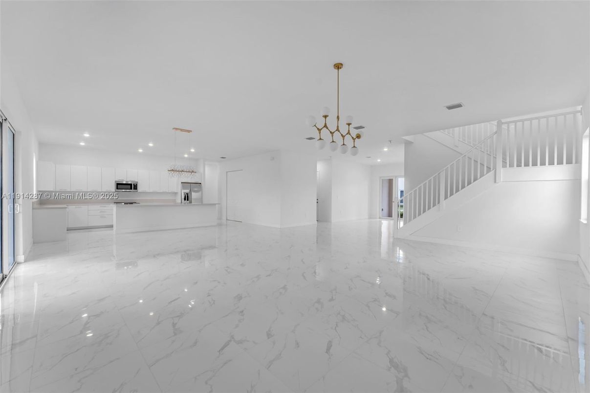 Empty room, Interior, Kitchen, Marble, Pendant Lights, Recessed Lighting, Stainless Steel Appliances