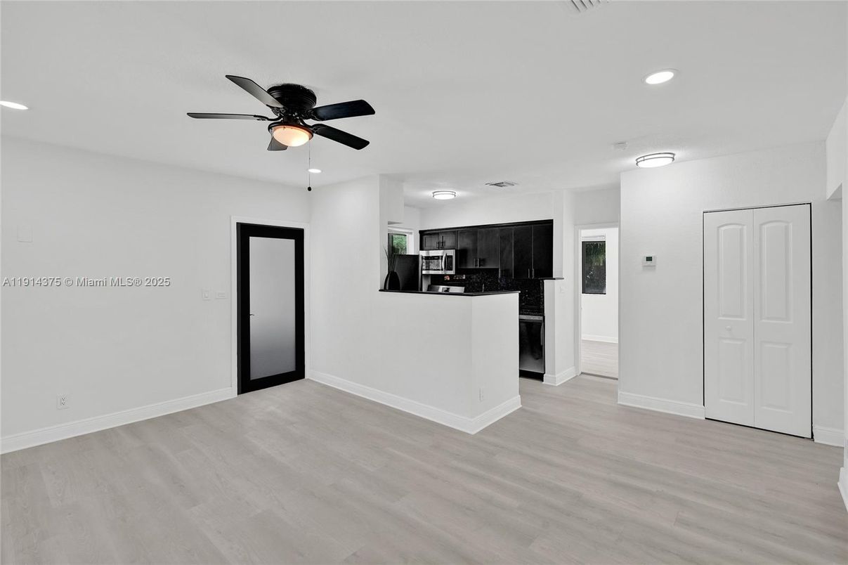 Empty room, Interior, Kitchen, Recessed Lighting, Wood Texture Flooring