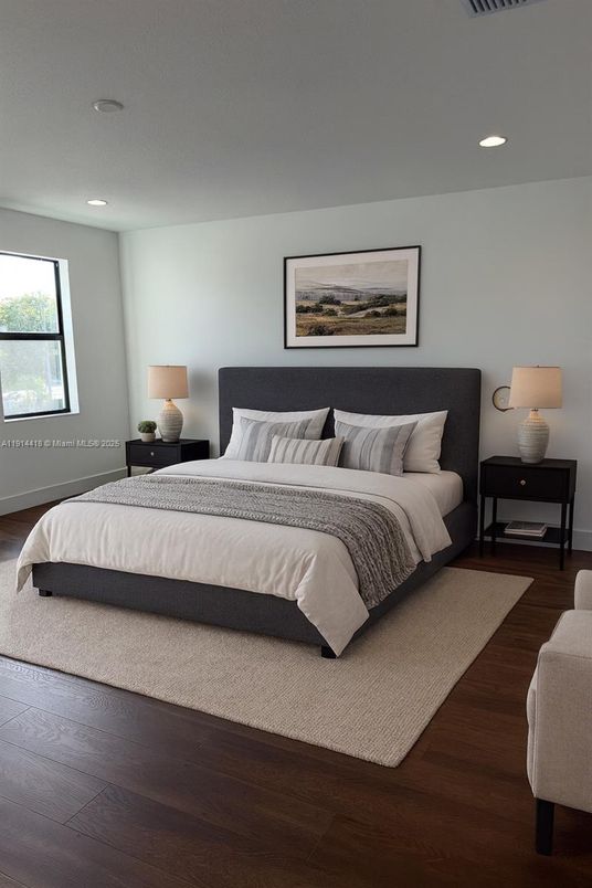 Bedroom, Interior, Recessed Lighting, Wood Texture Flooring