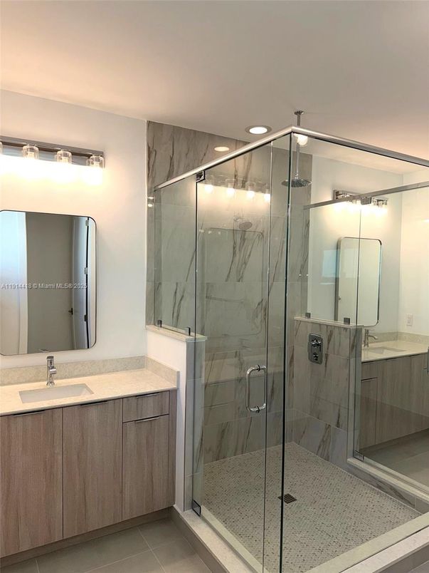 Bathroom, Glass Shower, Interior, Marble Walls, Recessed Lighting