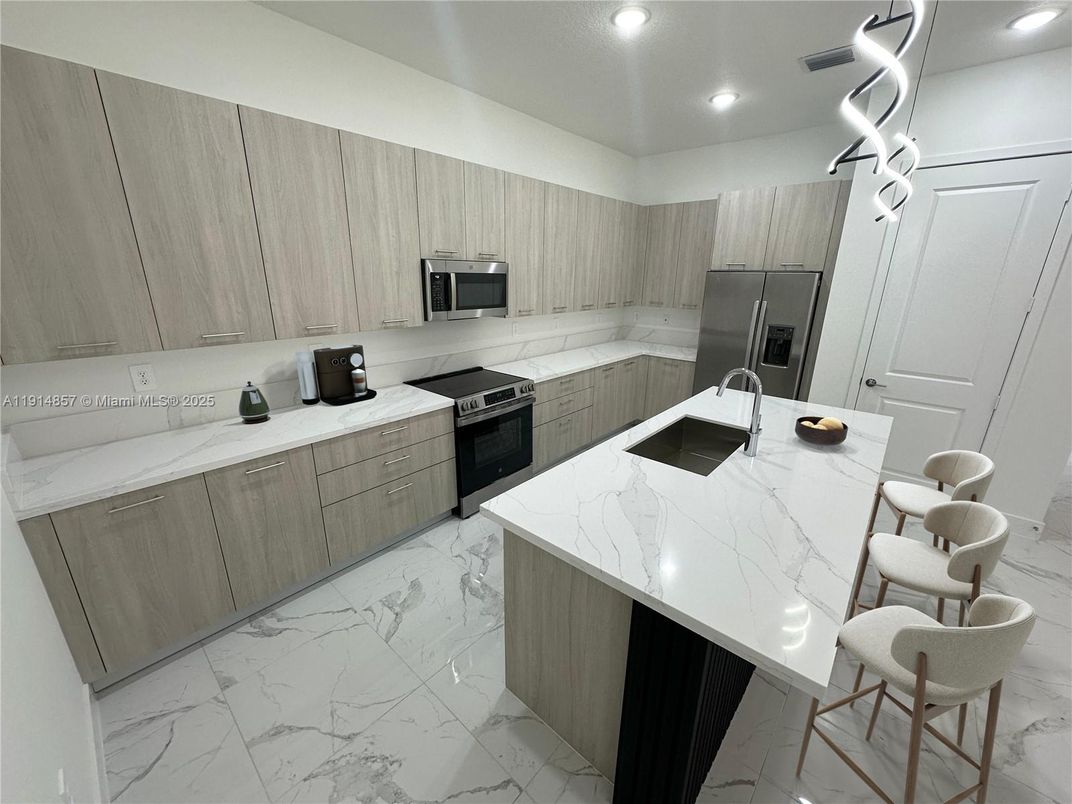 Interior, Kitchen, Marble, Pendant Lights, Recessed Lighting, Stainless Steel Appliances