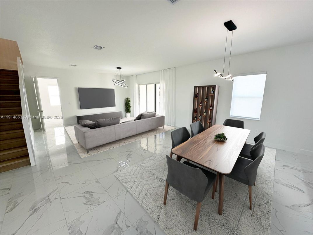 Dining room, Interior, Living room, Marble, Pendant Lights