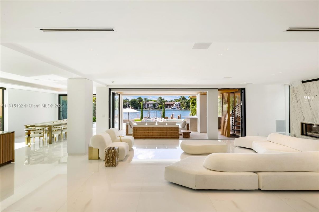 Dining room, Fireplace, Interior, Living room, Recessed Lighting, Water