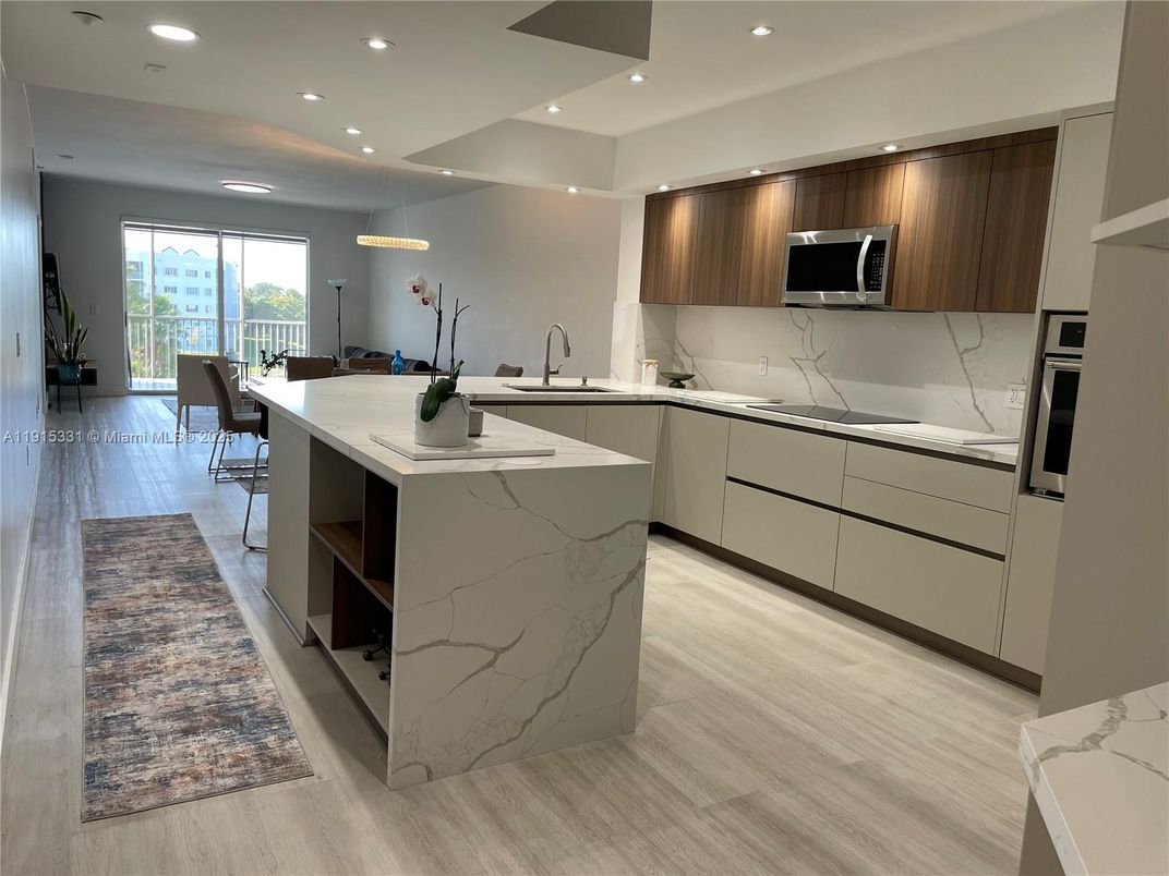 Interior, Kitchen, Marble Walls, Recessed Lighting, Wood Texture Flooring