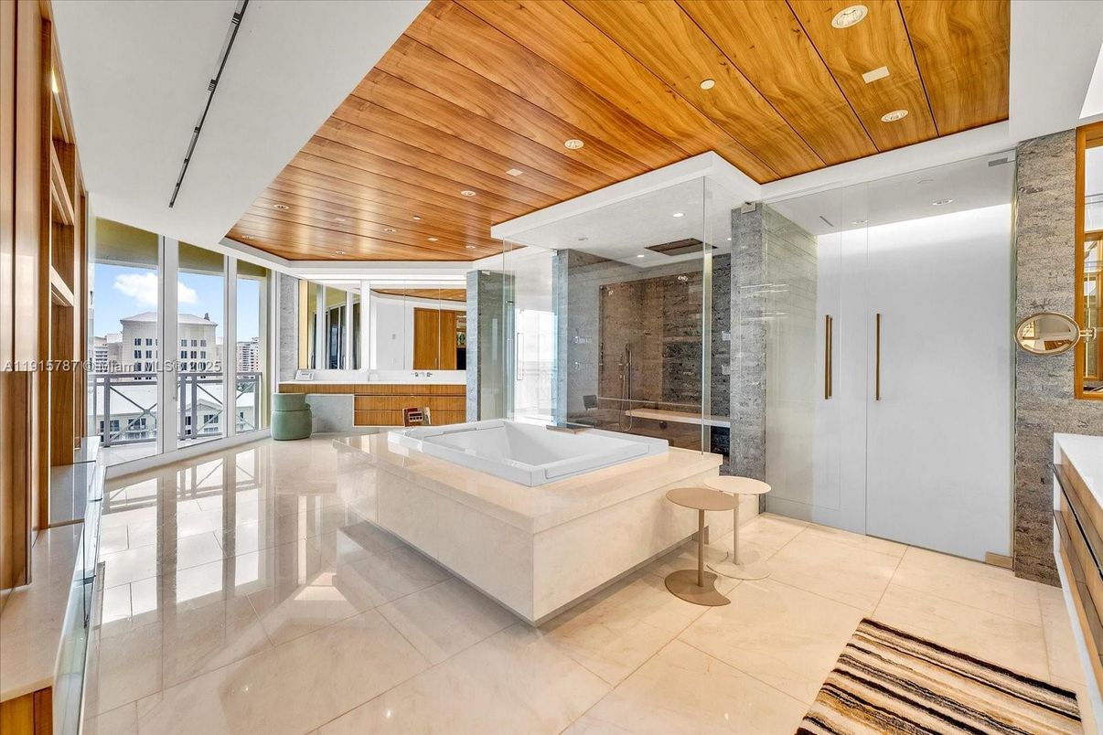 Bathroom, Glass Shower, Interior, Recessed Lighting, Wooden Ceilings