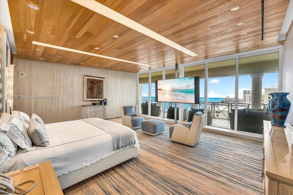 Bedroom, Interior, Recessed Lighting, Water, Wooden Ceilings, Wood Texture Flooring