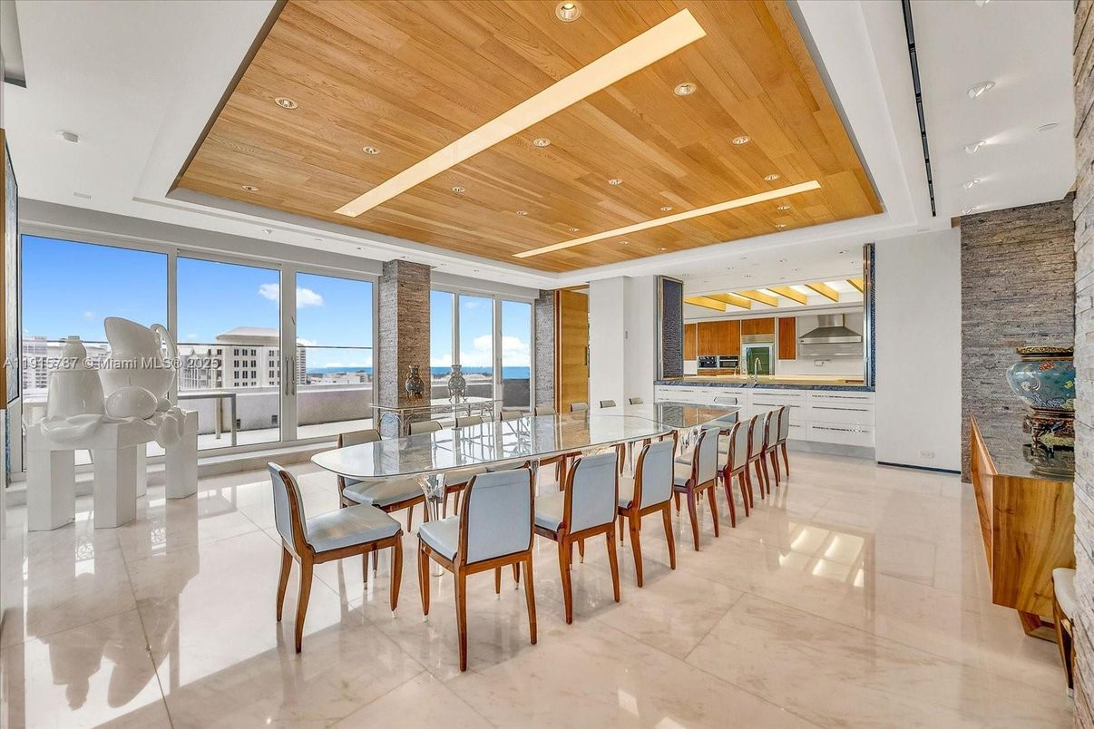 Dining room, Interior, Kitchen, Recessed Lighting, Stone Walls, Water, Wooden Ceilings