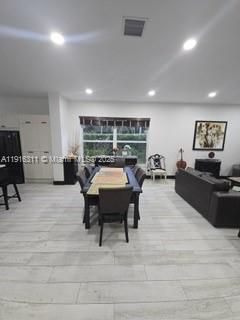 Dining room, Interior, Living room, Recessed Lighting, Wood Texture Flooring