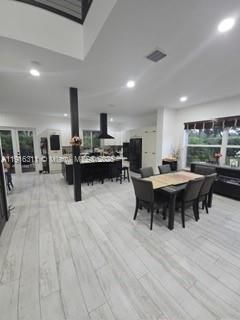 Dining room, Interior, Kitchen, Recessed Lighting, Wood Texture Flooring