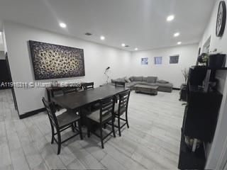 Dining room, Interior, Living room, Recessed Lighting, Wood Texture Flooring