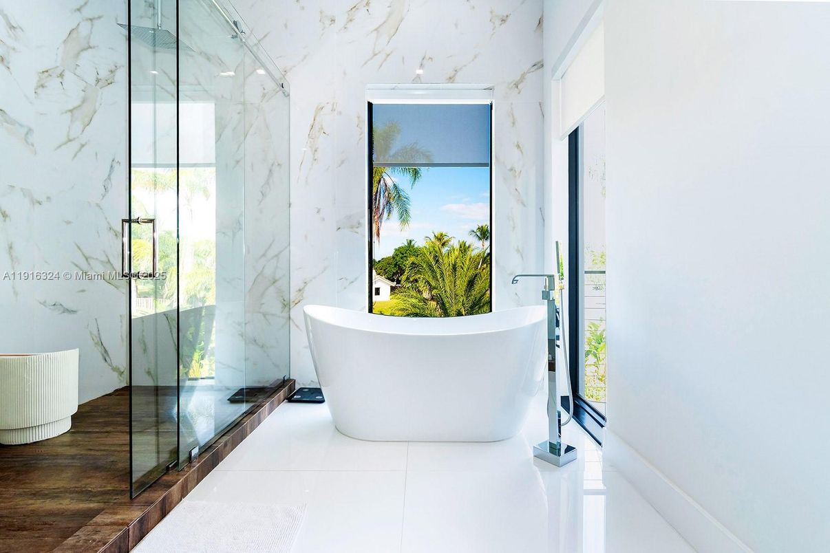 Bathroom, Free Standing Baths, Glass Shower, Interior, Marble Walls