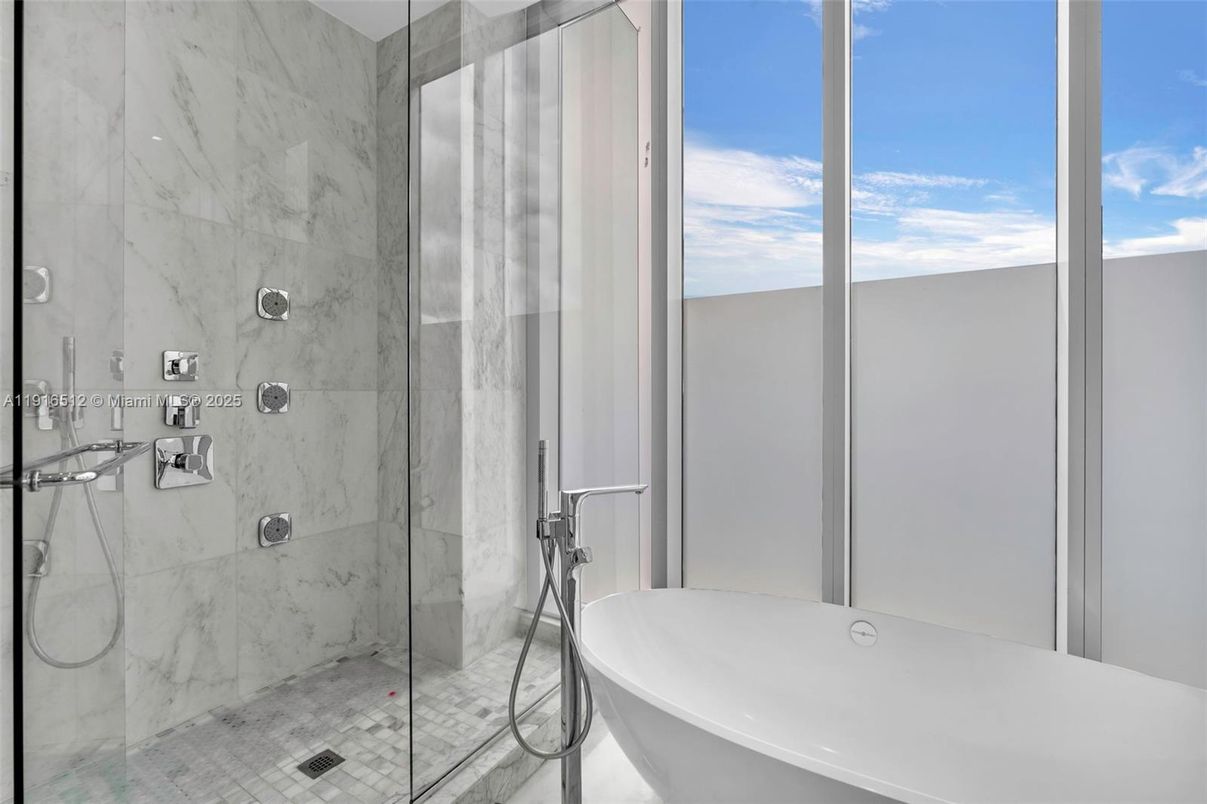 Bathroom, Free Standing Baths, Glass Shower, Interior, Marble Walls