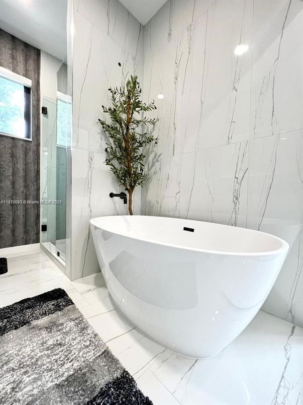 Bathroom, Free Standing Baths, Glass Shower, Interior, Marble, Marble Walls