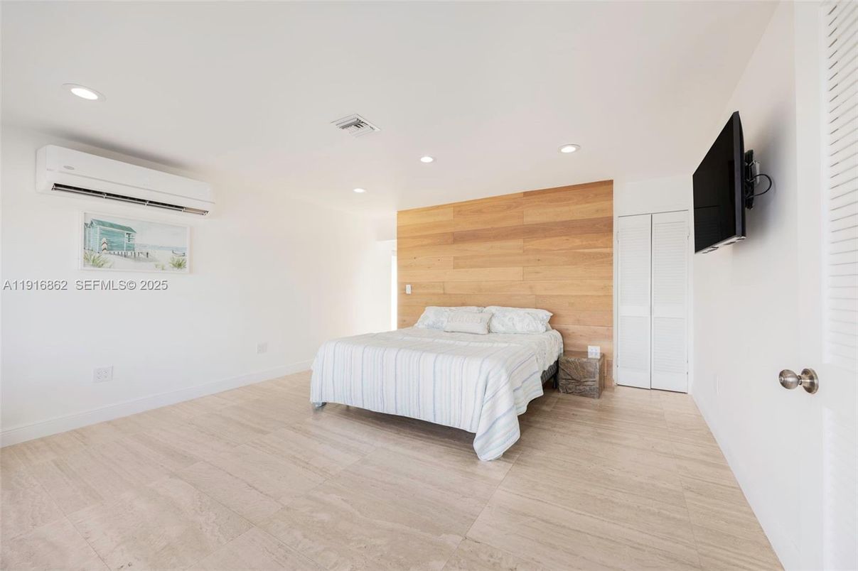 Bedroom, Interior, Recessed Lighting, Wood Texture Flooring, Wooden Walls