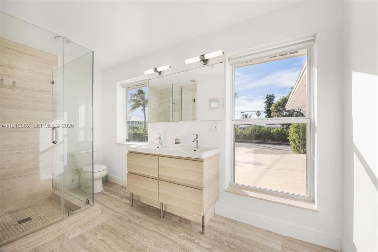 Bathroom, Dual Sink Vanities, Glass Shower, Interior, Wood Texture Flooring