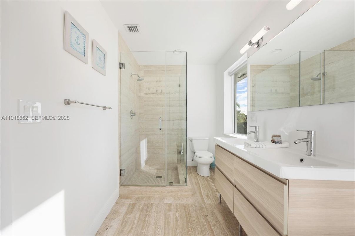 Bathroom, Dual Sink Vanities, Glass Shower, Interior, Wood Texture Flooring