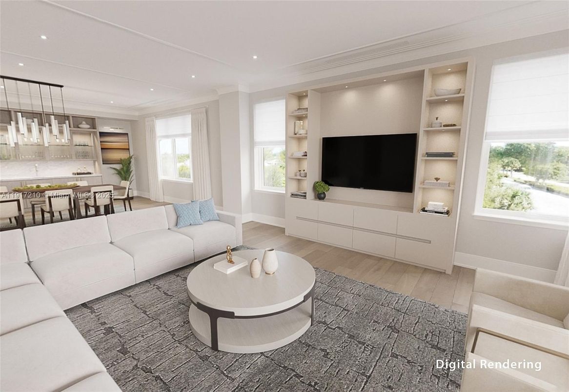 Dining room, Interior, Living room, Pendant Lights, Recessed Lighting, Wood Texture Flooring