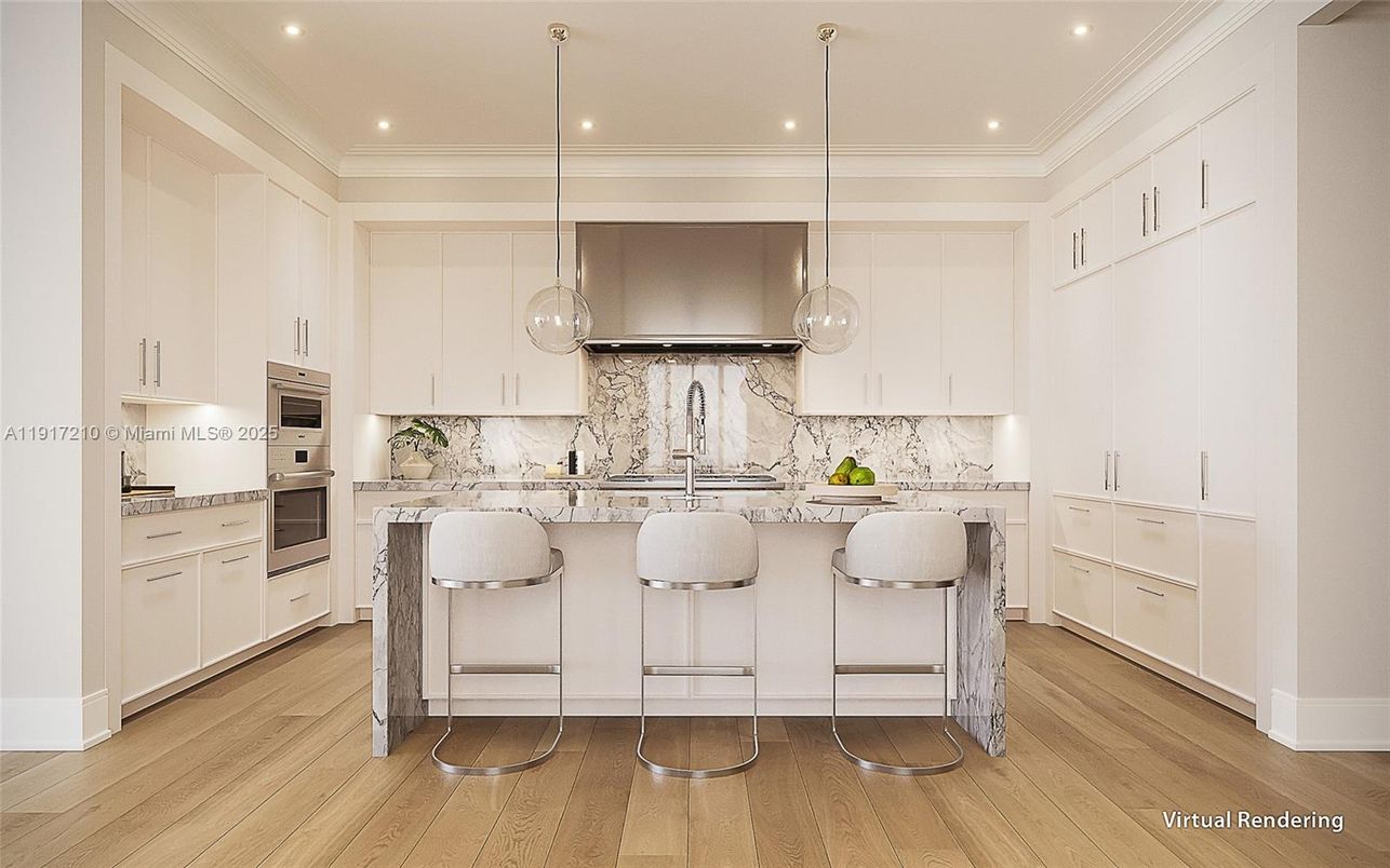 Interior, Kitchen, Marble Walls, Pendant Lights, Recessed Lighting, Stainless Steel Appliances, Wood Texture Flooring