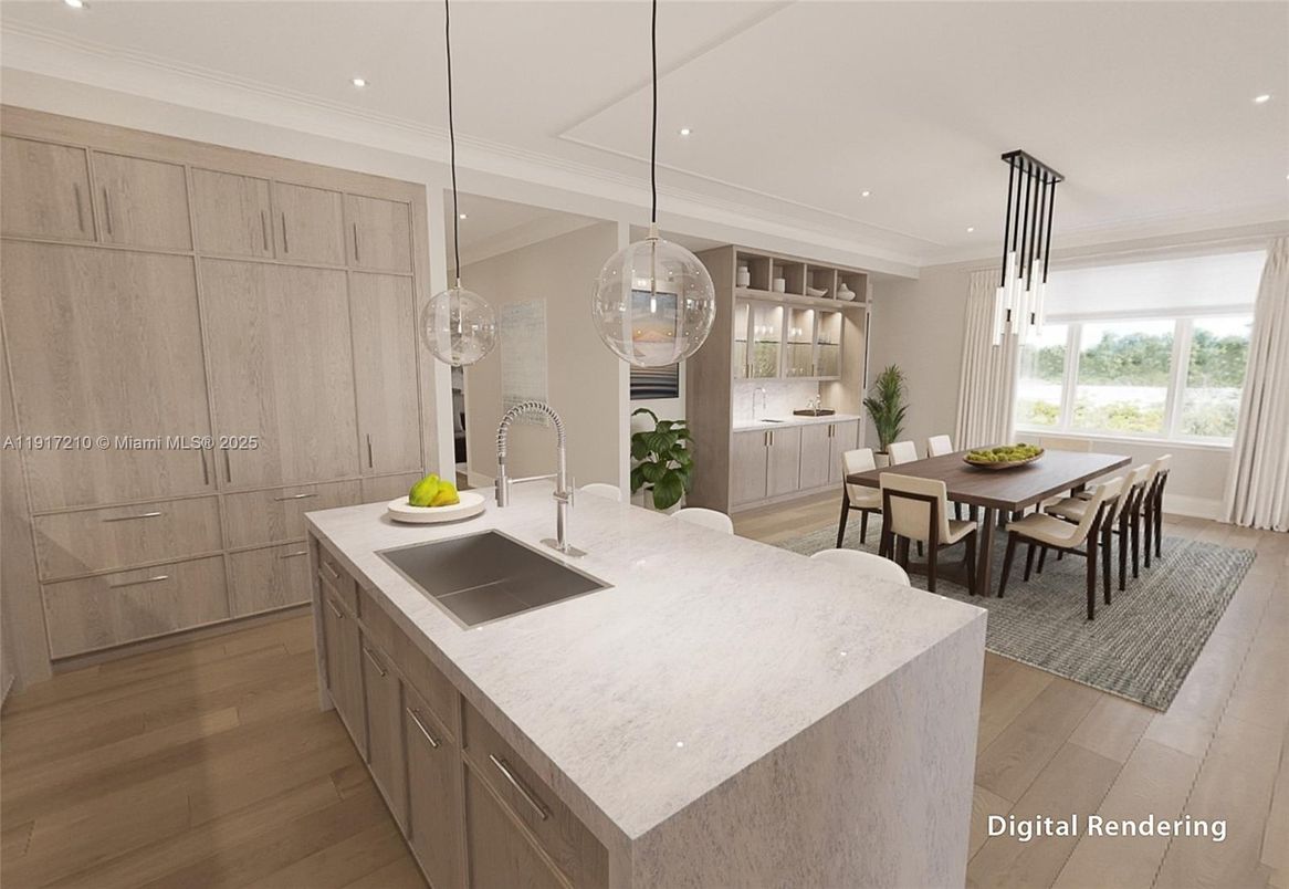 Dining room, Interior, Kitchen, Pendant Lights, Recessed Lighting, Wood Texture Flooring