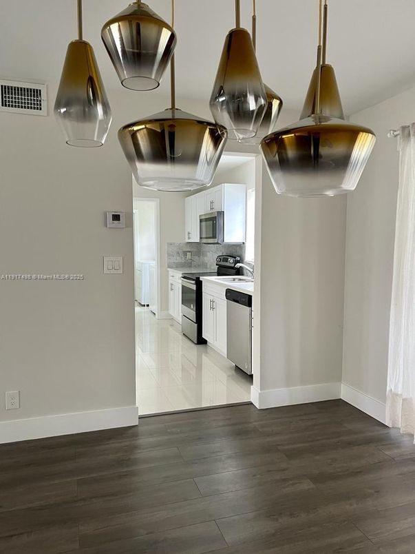Interior, Kitchen, Pendant Lights, Stainless Steel Appliances, Wood Texture Flooring