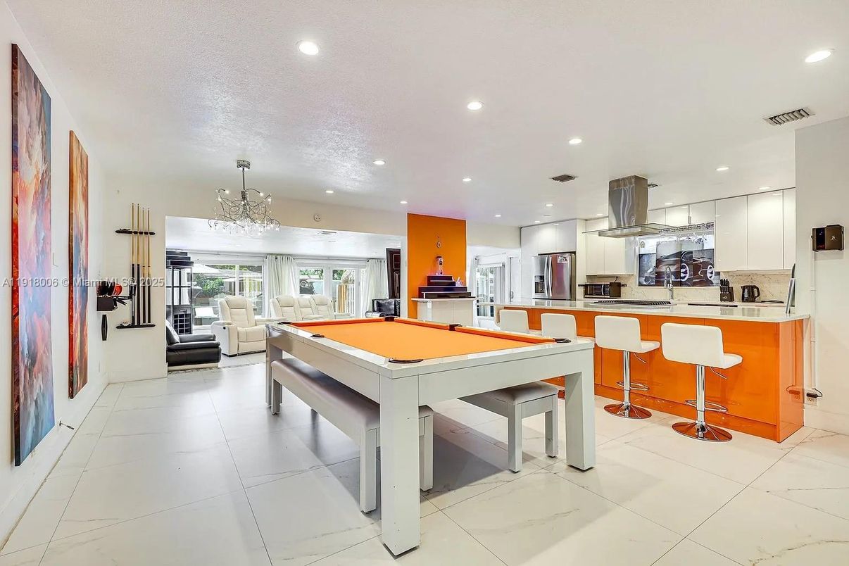 Billiard Table, Game Room, Interior, Kitchen, Recessed Lighting, Stainless Steel Appliances