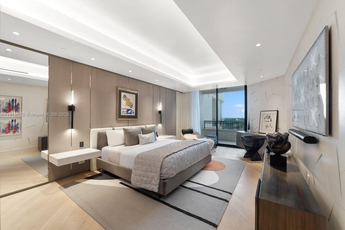 Bedroom, Interior, Marble Walls, Recessed Lighting, Wood Texture Flooring