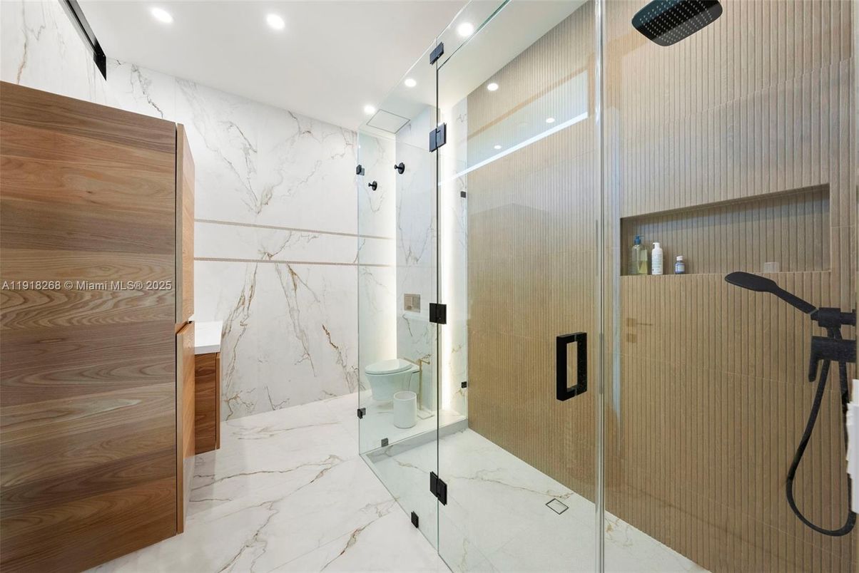 Bathroom, Glass Shower, Interior, Marble, Marble Walls, Recessed Lighting