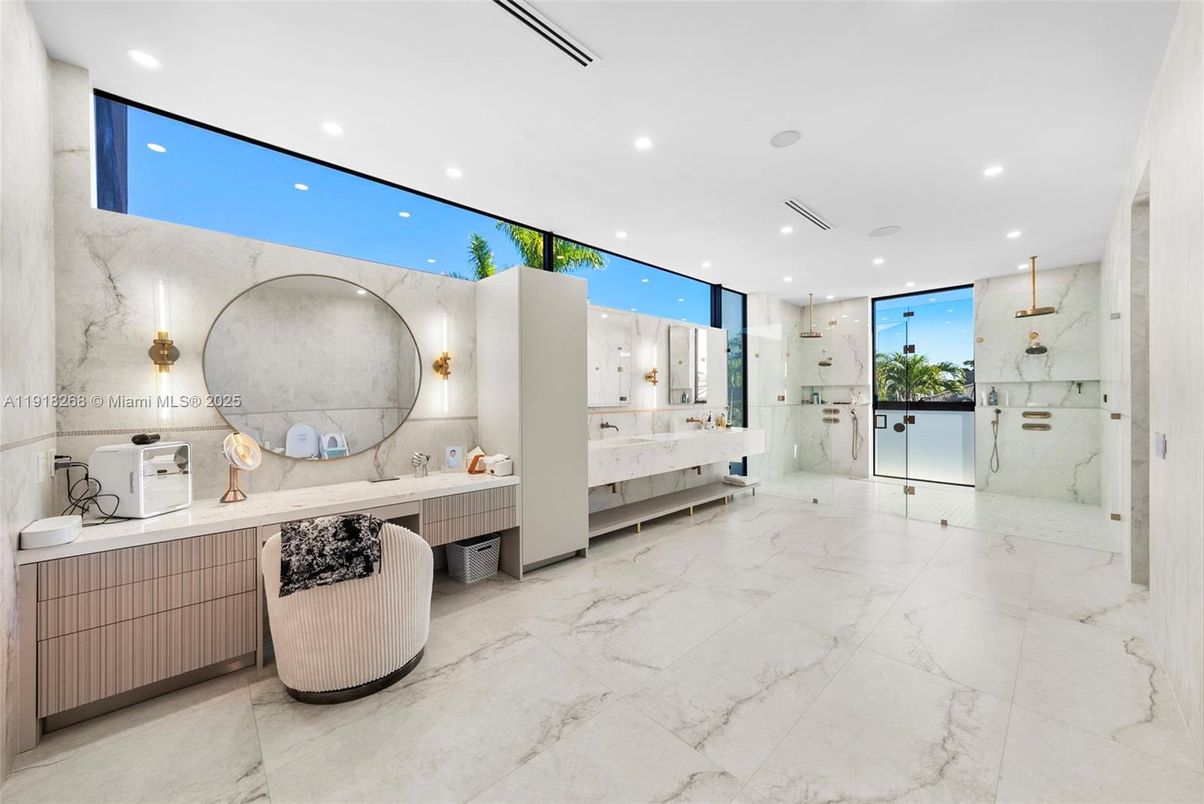 Bathroom, Glass Shower, Interior, Marble, Marble Walls, Recessed Lighting