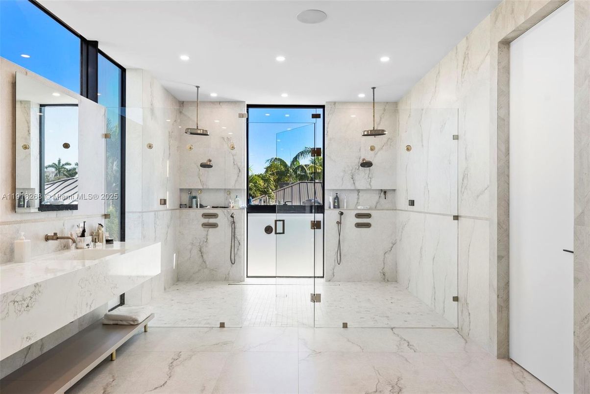 Bathroom, Glass Shower, Interior, Marble, Marble Walls, Recessed Lighting