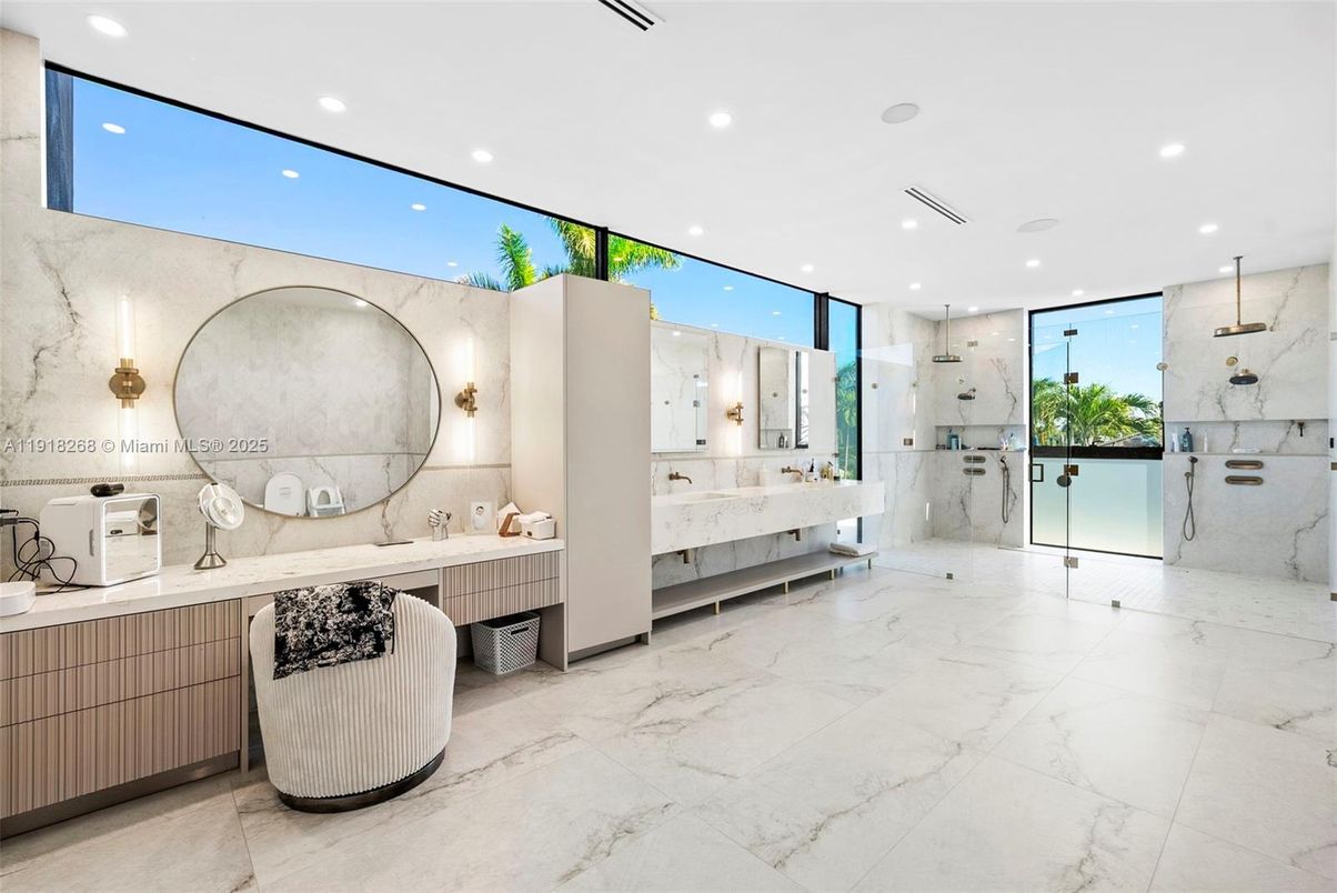 Bathroom, Glass Shower, Interior, Marble, Marble Walls, Recessed Lighting