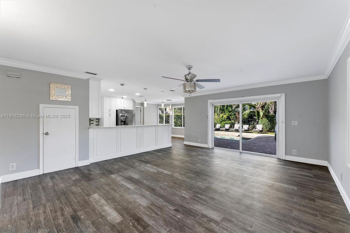 Empty room, Interior, Kitchen, Pendant Lights, Recessed Lighting, Wood Texture Flooring