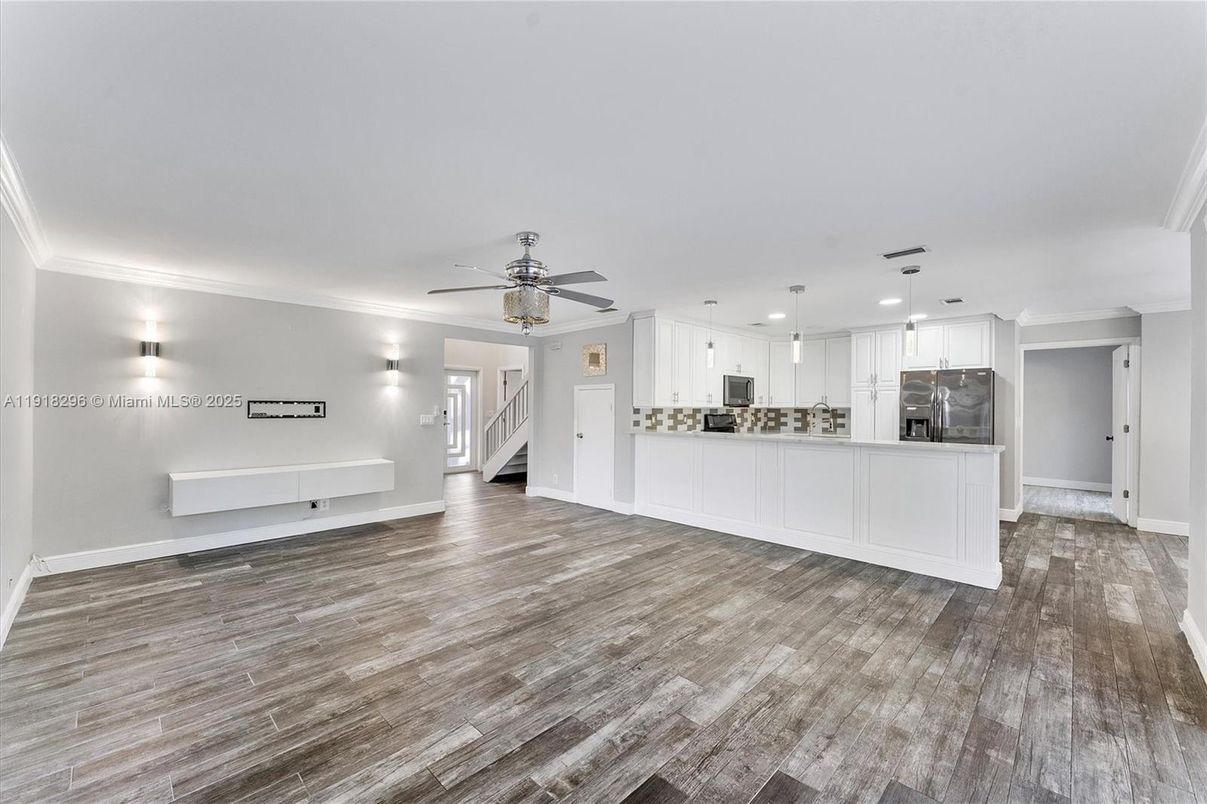 Empty room, Interior, Kitchen, Pendant Lights, Recessed Lighting, Wood Texture Flooring