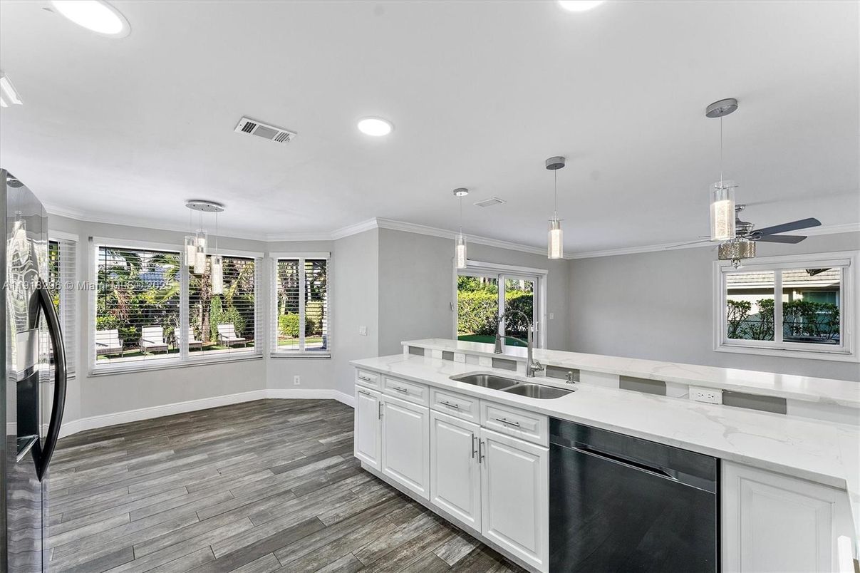 Interior, Kitchen, Pendant Lights, Recessed Lighting, Wood Texture Flooring
