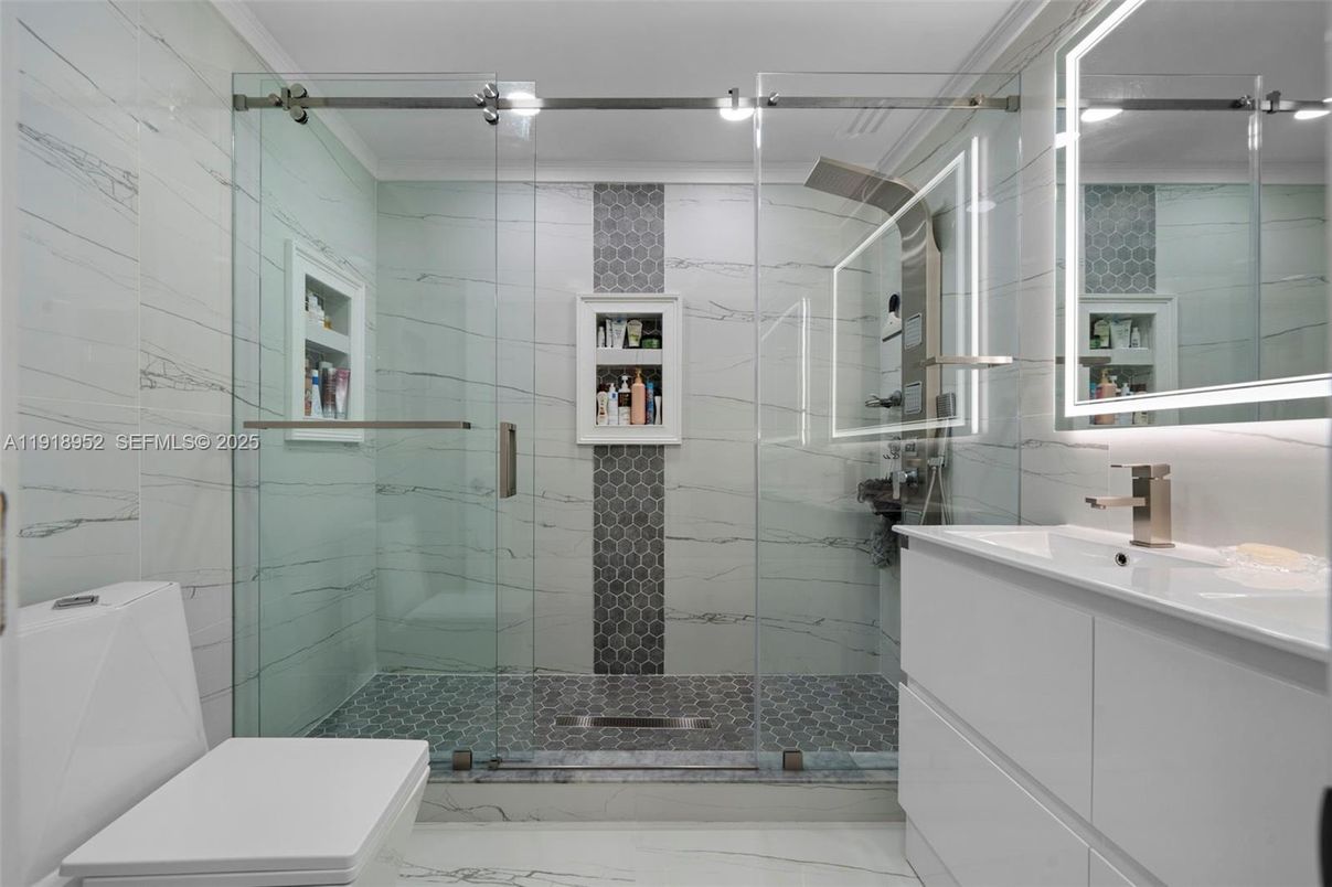 Bathroom, Glass Shower, Interior, Marble, Marble Walls