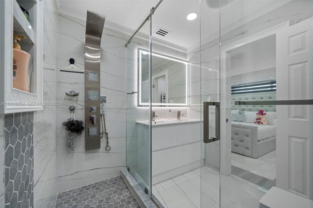 Bathroom, Glass Shower, Interior, Marble Walls, Recessed Lighting