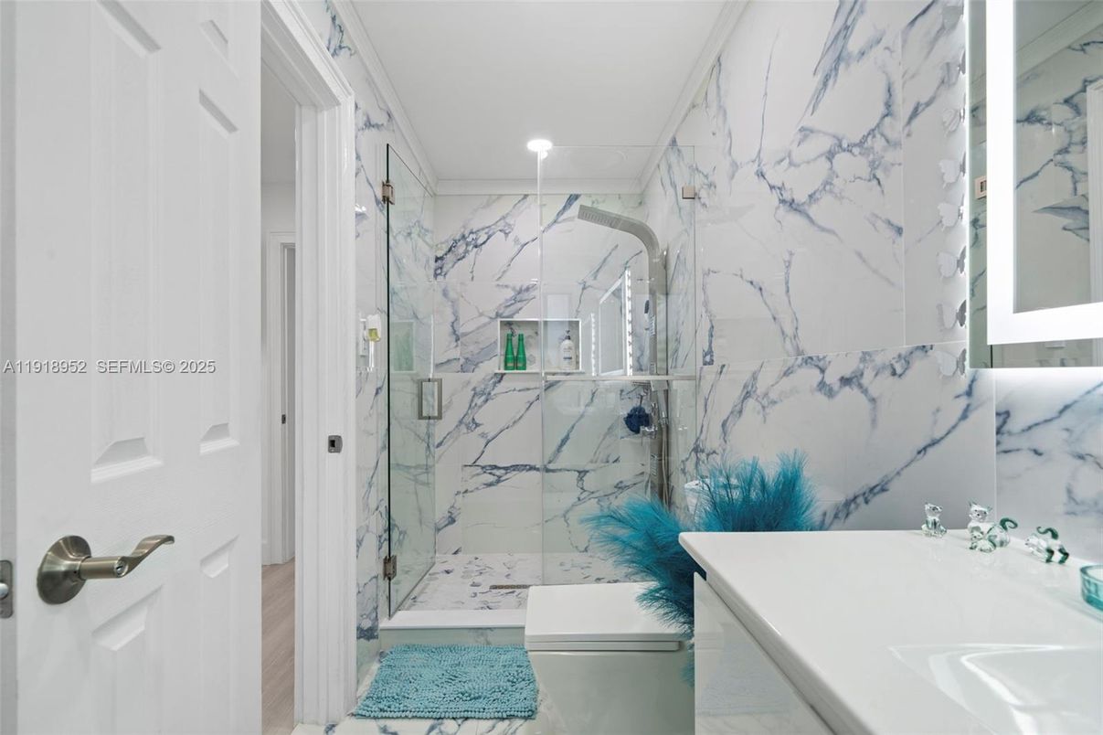 Bathroom, Glass Shower, Interior, Marble Walls, Recessed Lighting
